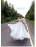 Off Shoulder Beaded White Organza Pleated Modern Wedding Dress